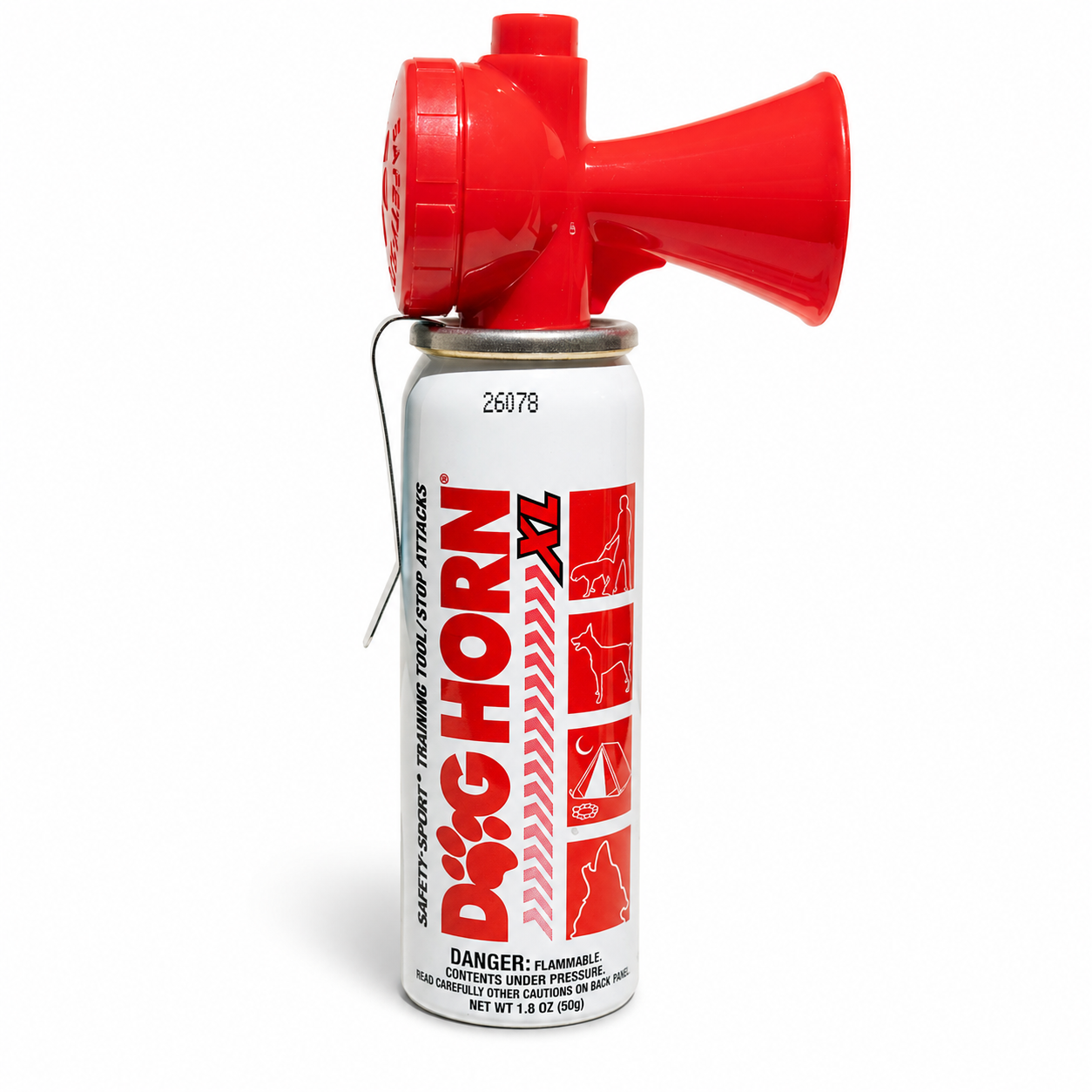 Dog Horn product canister with red horn attachment